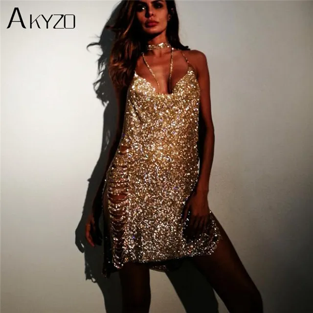 AKYZO, женское золотое, серебряное, стразы, кисточка, цепочка, платье, женское, сексуальное, на бедрах, с высоким разрезом, роскошные, вечерние, на бретелях, для пляжа, ночного клуба, платье - Цвет: Золотой