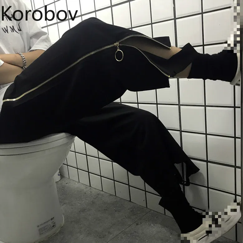 Korobov/летние брюки до щиколотки черные на молнии в стиле пэчворк уличная одежда