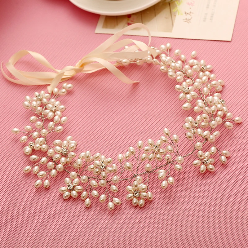Handmade Romantic Prom Wedding Ribbon Headband Pearl And Crystal Hair Vines Bridal Headpiece Bride Accessories | Украшения и