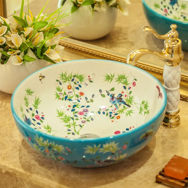 

Porcelain China Classic Painting Art Birds&Flowers White Countertop Ceramic Bathroom Sink washing basin bowl