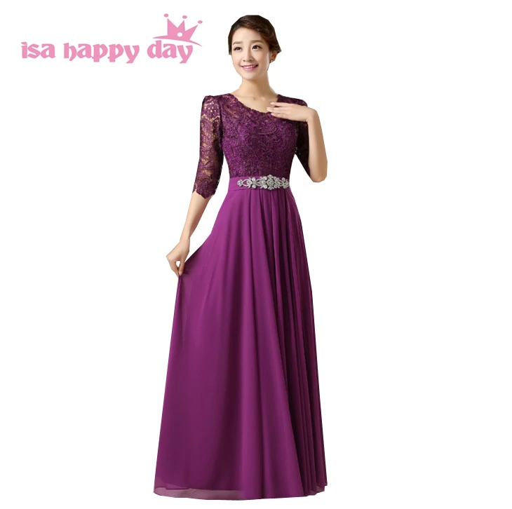 

lace overlay back bridesmaid long brides maid dress maid of bride illusion neckline with sleeves purple sleeve dresses H3665