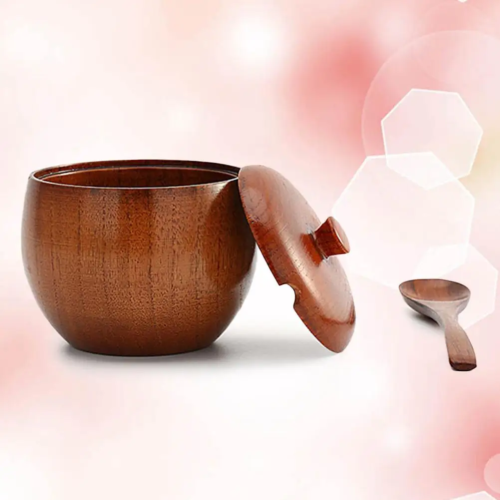 

Practical Boutique 1 Set Concise Janpanese Style Solid Wood Durable Wooden Seasoning Pot Spice Jar with Spoon and Lid for Kitc