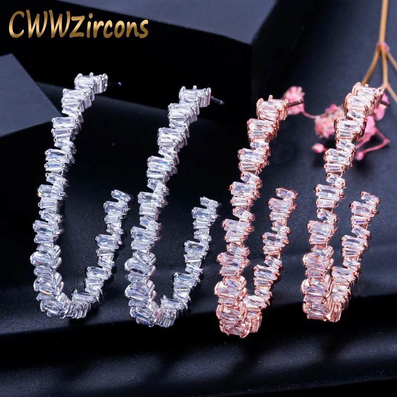 CWWZircons Роскошные багет кубического циркония для женщин Свадебная вечеринка большой круг розовое золото серьги-кольца высокое ювелирное изделие наркомания CZ439