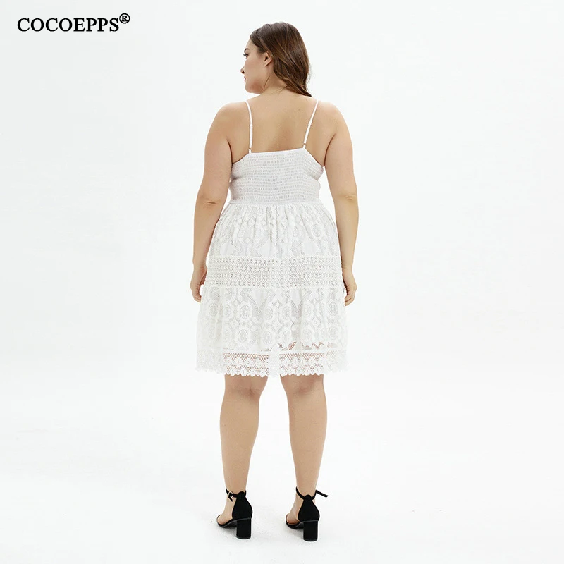2019 Elegant Women Hollow Out Lace Dress Woman Sexy Spaghetti Strap V Neck White Plus Size Clothing Vestidos | Женская одежда