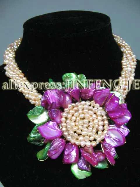 

Genuind 6Strds freshwater pearl & Shell flower necklace free shipping