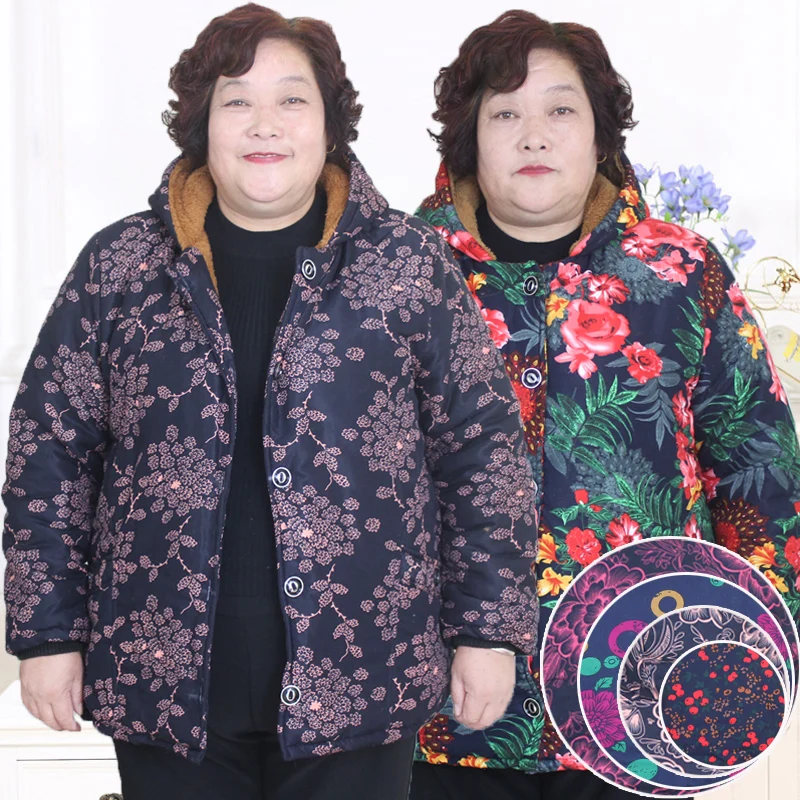Плюс 5XL-9XL жира мать печати теплый с капюшоном хлопчатобумажное пальто среднего