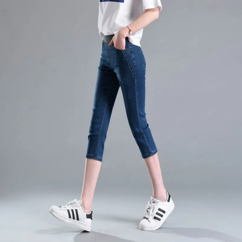 Высокая Талия Для женщин обтягивающие джинсы темно-синий до середины икры Длина