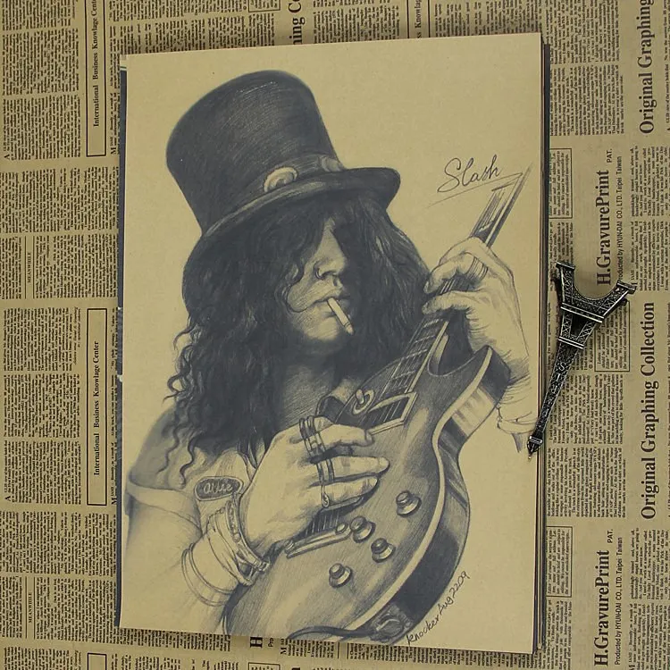 Guns N плакат с розами ВИНТАЖНЫЙ ПЛАКАТ Slash рок-гитарист живопись Мастер ретро плакат Поющая звезда Плакат домашний декор - Цвет: Белый