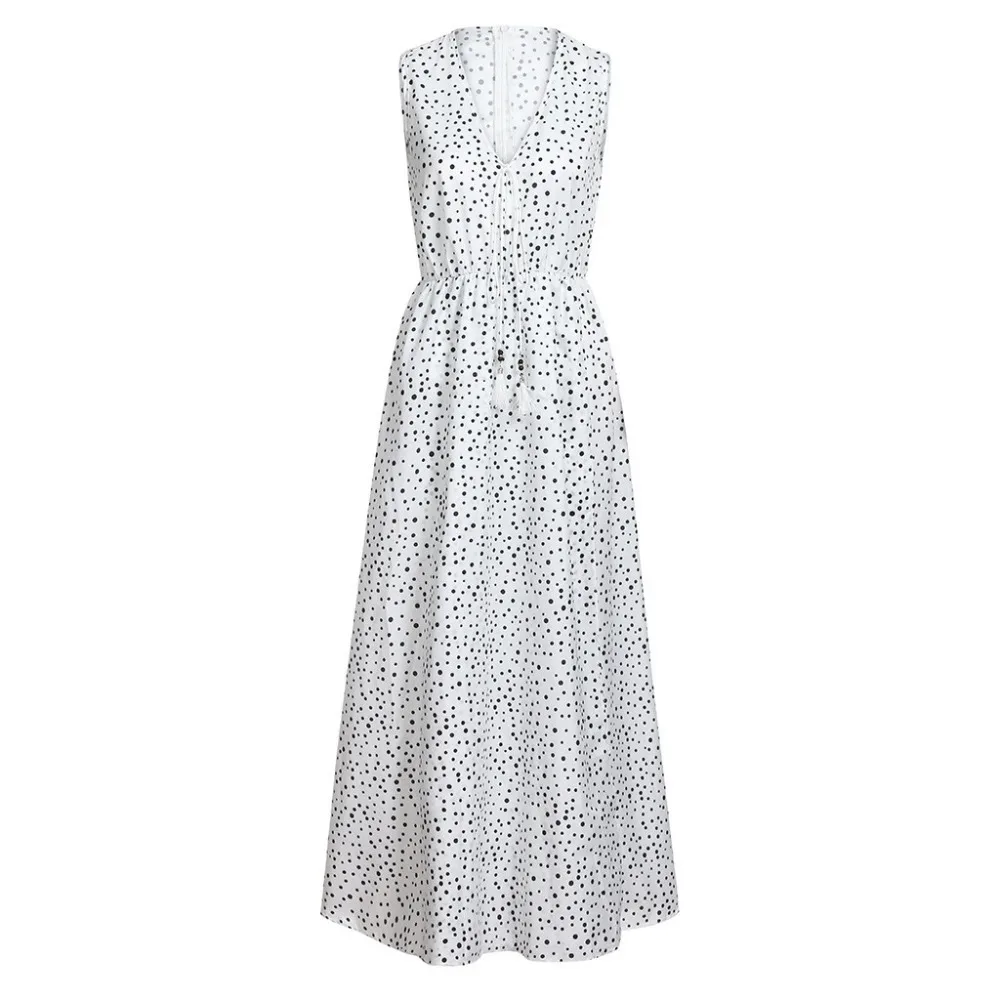 Women Dress Summer Sleeveless Dot Print Tassels Deep V Neck Long Beach Maxi Dress#30 | Женская одежда