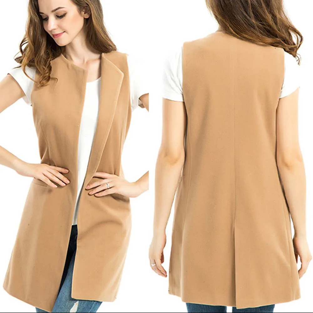 Autumn Women Wool Blend Vest Waistcoat Lady Long Coat Casual Sleeveless Pocket Jacket Plus Size YF809 | Женская одежда