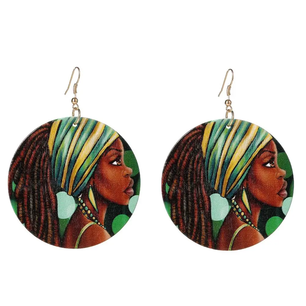 GZBEIYANG 2019 Ethnic Wooden Print African Woman Round Pendant Earrings for Vintage Jewelry Accessories Women Gifts | Украшения и