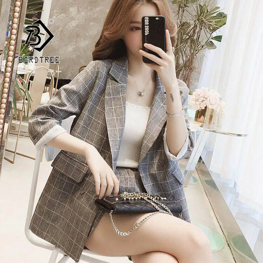 Женский клетчатый костюм короткий брючный в Корейском стиле с карманами и