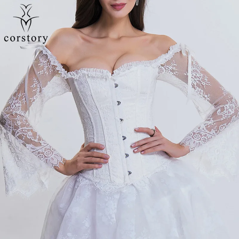 

Victorian Sexy White Lace Ruffles Off Shoulder Flare Long Sleeves Costumes Steampunk Gothic Wedding Bridal Corset And Bustier