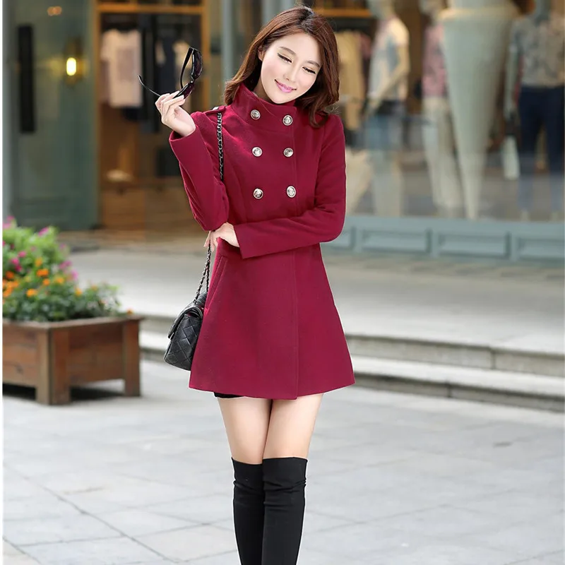 Red wine UHYTGF Новые элегантные женские пальто осень зима двубортное длинное тонкое шерстяное пальто женская верхняя одежда больших размеров manteau femme 681 - Цвет: Red wine