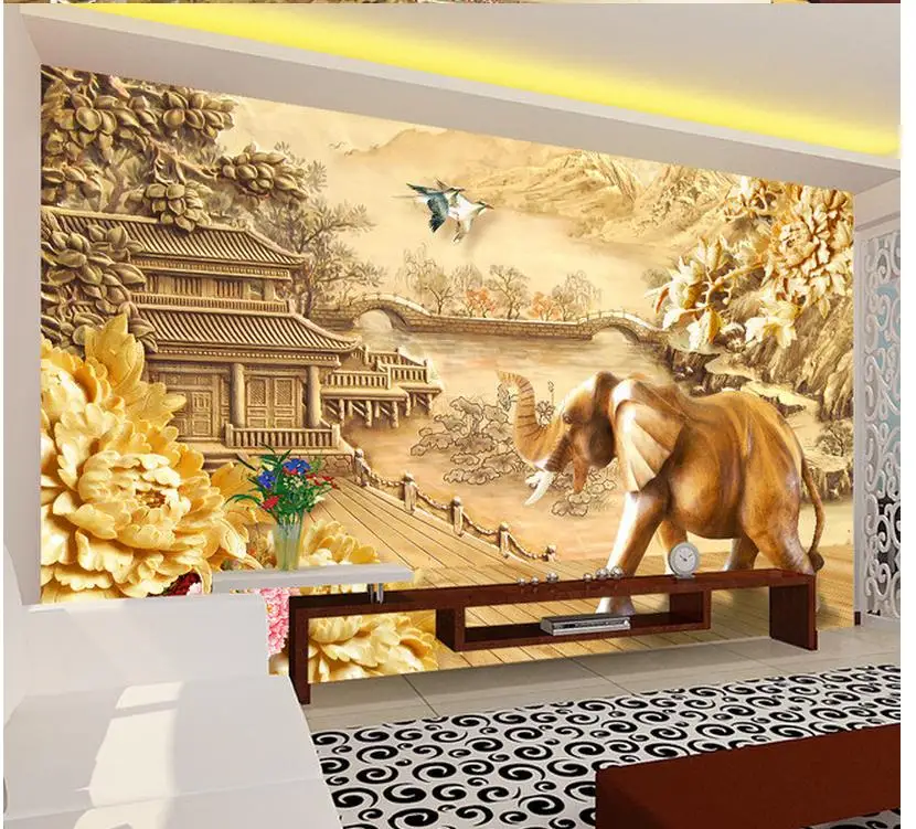 3d обои для комнаты резьба по дереву слон фон стены Пейзаж Фон украшение дома|3d