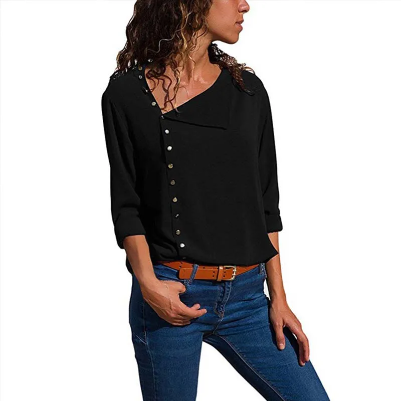 

Women's Chiffon Blouse 2019 Summer Long Sleeve Skew Collar Lady Shirt With Button Solid Casual Loose Female Shirt Women Blouses