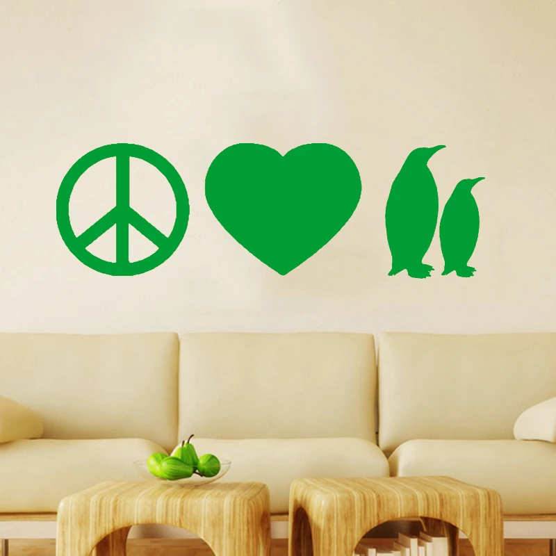 Hot Peace Love Super Funny Likable Penguins Vinyl Wall Sticker Decal Art Deco Mural | Дом и сад