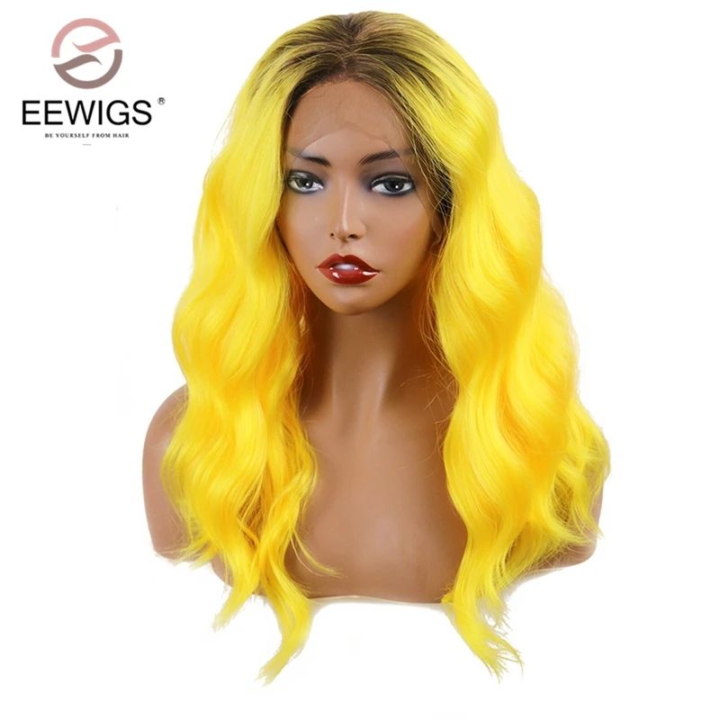 EEWIGS Омбре желтый короткий волнистый парик фронта шнурка синтетический боб парик с корнем Высокая температура волокна волос кружева парики Выделите цвет