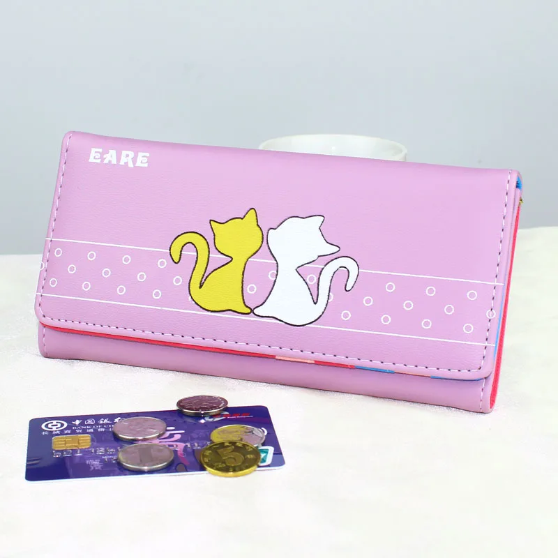Long Purple Женские кошельки с рисунком кошки, женские кошельки, держатель для карт, складной клатч, конверт, сумки для денег, длинный короткий женский кошелек, Женский кошелек, сумочка для монет - Цвет: Long Purple