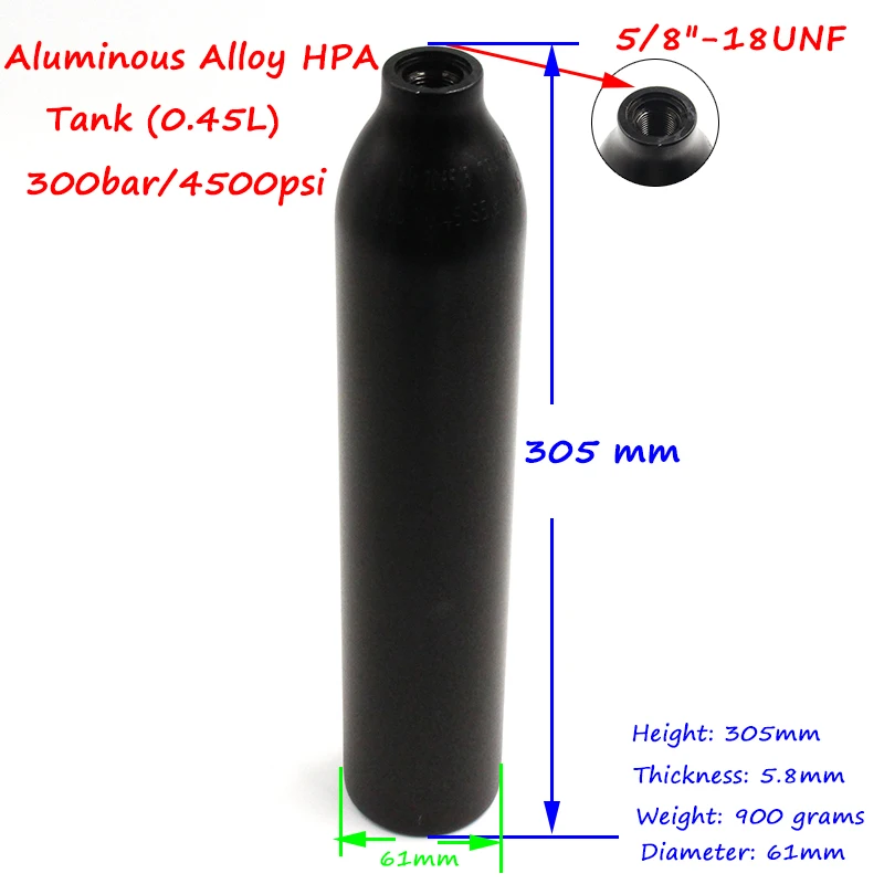 QUPB 0.45Л Баллон для пейнтбола 4500psi Высокого давления Алюминиевый газовый цилиндр с регулятором 5/8-18UNF Резьба Чёрный