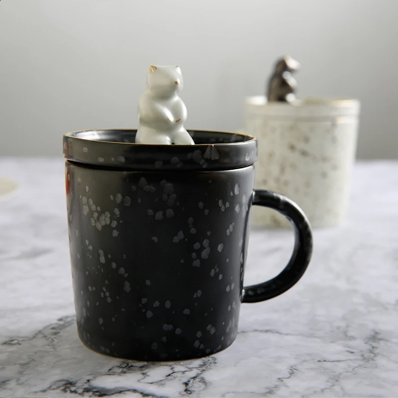 220ML Japanese Style Ceramic pottery Mug Lovely Bear Lid Kit Lovers Coffee Black Tea Water Glass Milk Afternoon tea Drinkware | Дом и сад