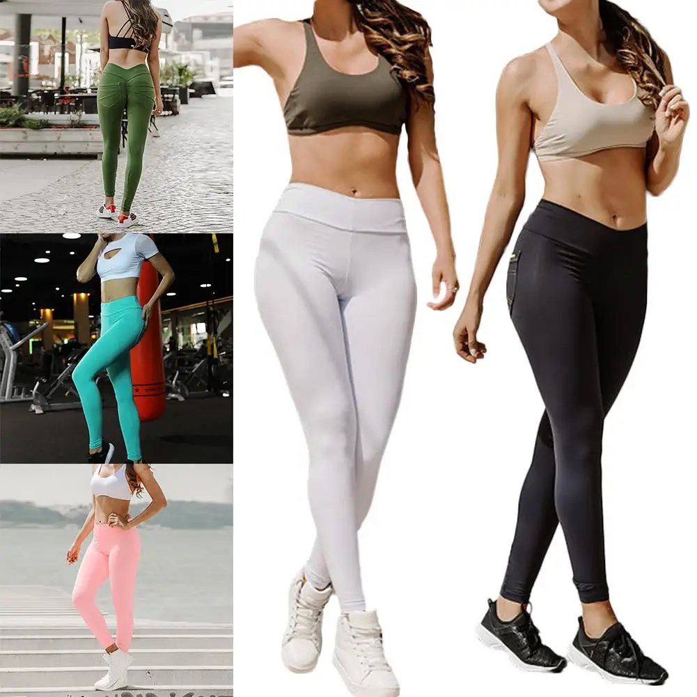 Для женщин Сплошной Цвет карман штаны для йоги Спортивные Леггинсы Tight Фитнес