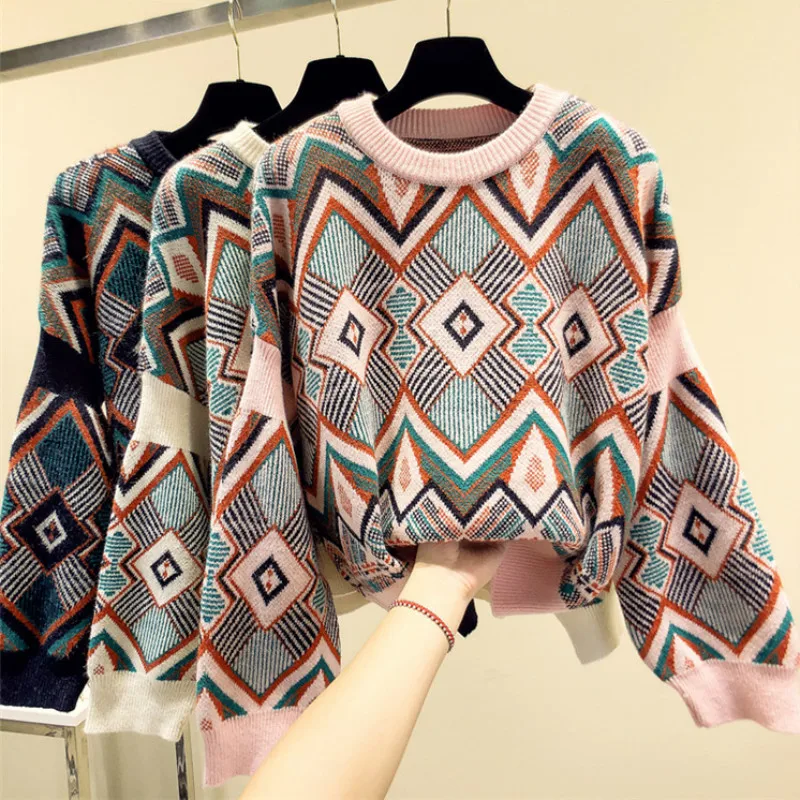 Ins lazy sweater O-Neck geometric Pullovers loose Knitted Shirts Long Flare Sleeved High Waist tops | Женская одежда