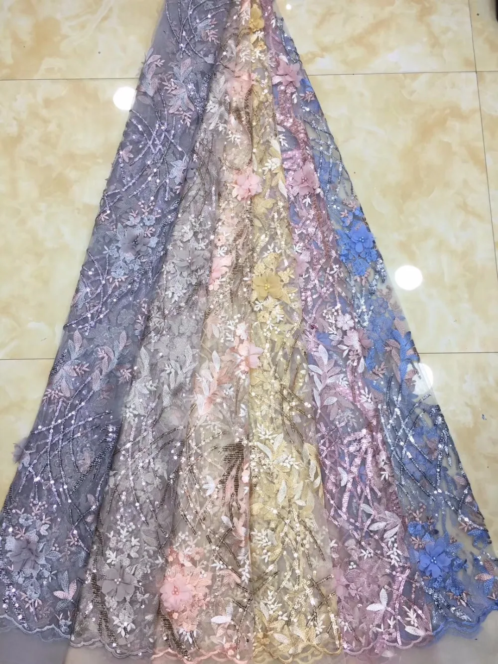 

New Arrival African Tulle Lace Fabrics High Quality2019 3d Flower Lace Fabric With Beads Sequins For Fashion Nigerian Lace Dress