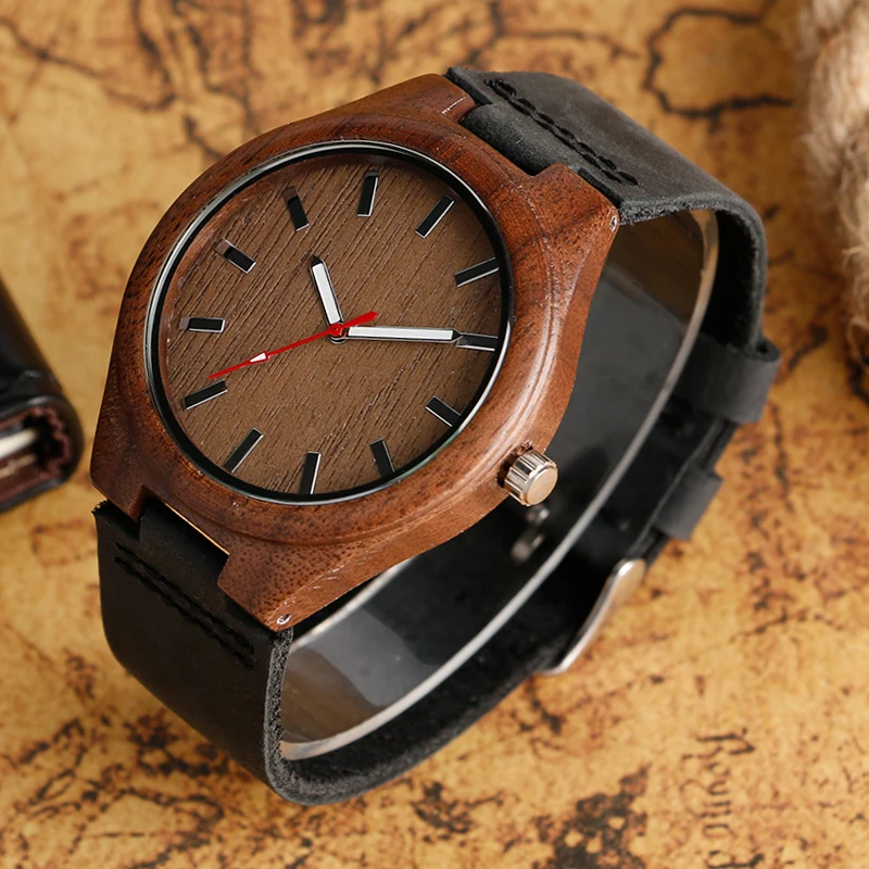 Крутые темно коричневые деревянные часы с черным ремешком из натуральной кожи