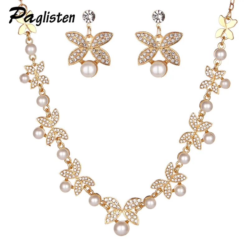 Simulated Pearl Bridal Wedding Jewelry Sets Silver Color Butterfly Flower Necklace Earrings Engagement | Украшения и аксессуары