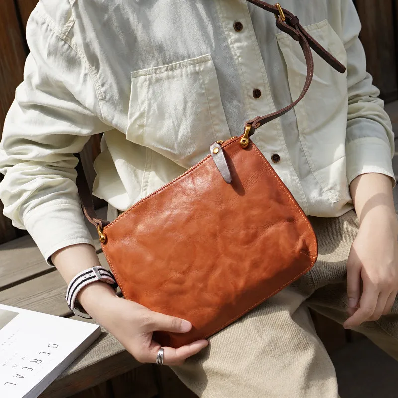 PNDME original handmade genuine leather shoulder bag fashion simple cowhide leather small crossbody bags women's envelope bag