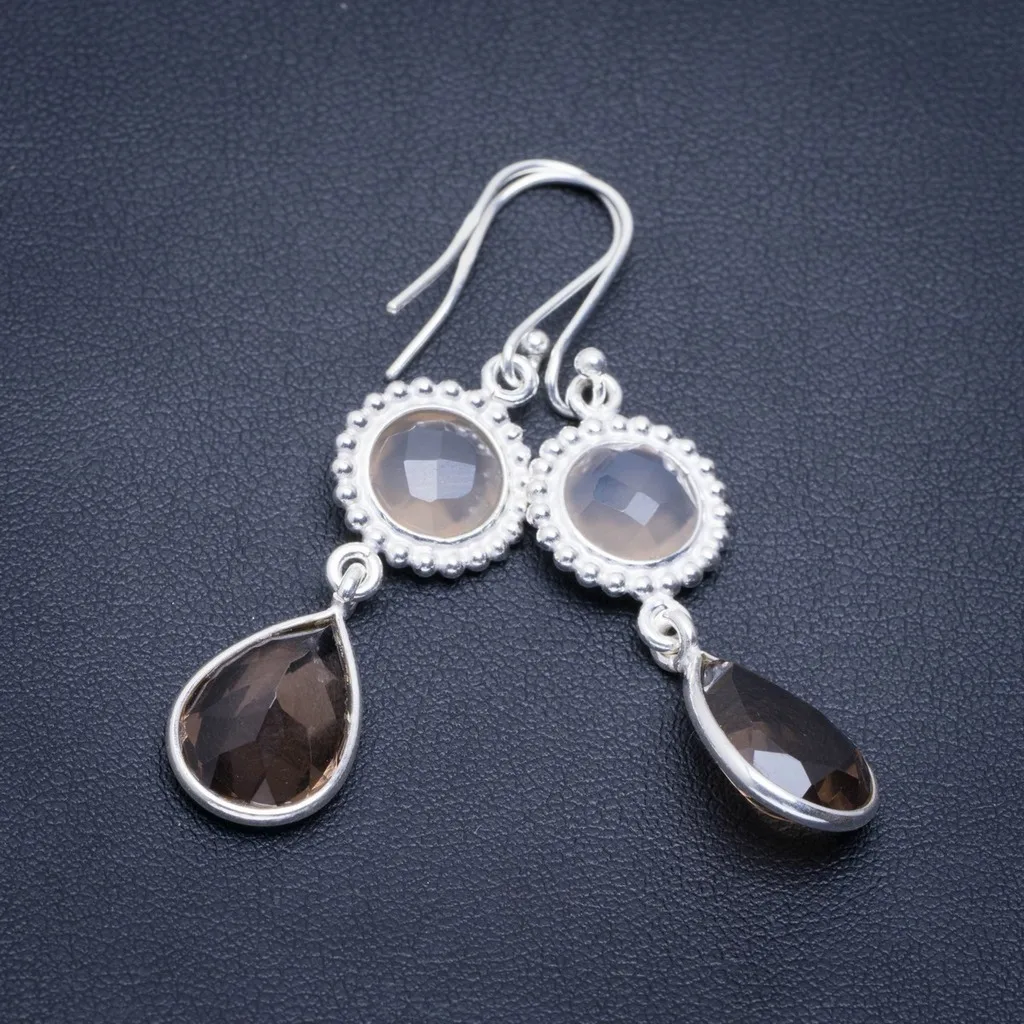 Серьги из натурального дымчатого кварца и белого халцедона ручной работы