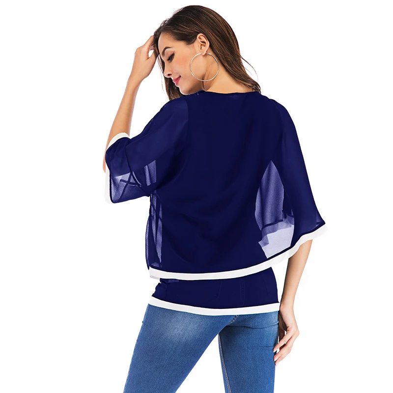 

LOSSKY Plus Size S-5XL Chiffon Patchwork Irregular Blouse Shirts Casual Sexy Batwing O Neck Women Summer Blouses Tops Shirt New