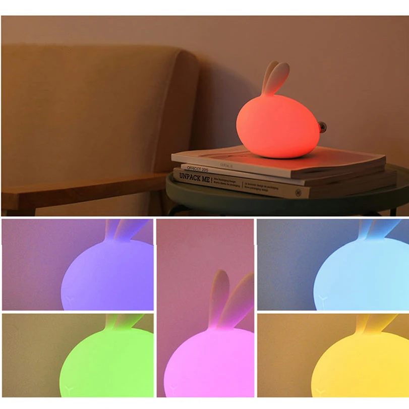 Разноцветный силиконовый светодиодный ночник в виде кролика с сенсорным