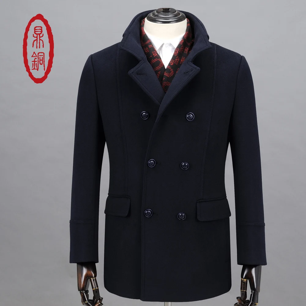 DINGTONG Шерстяное Пальто Мужчины Повседневная Slim Fit Двойной Брестед Высокое