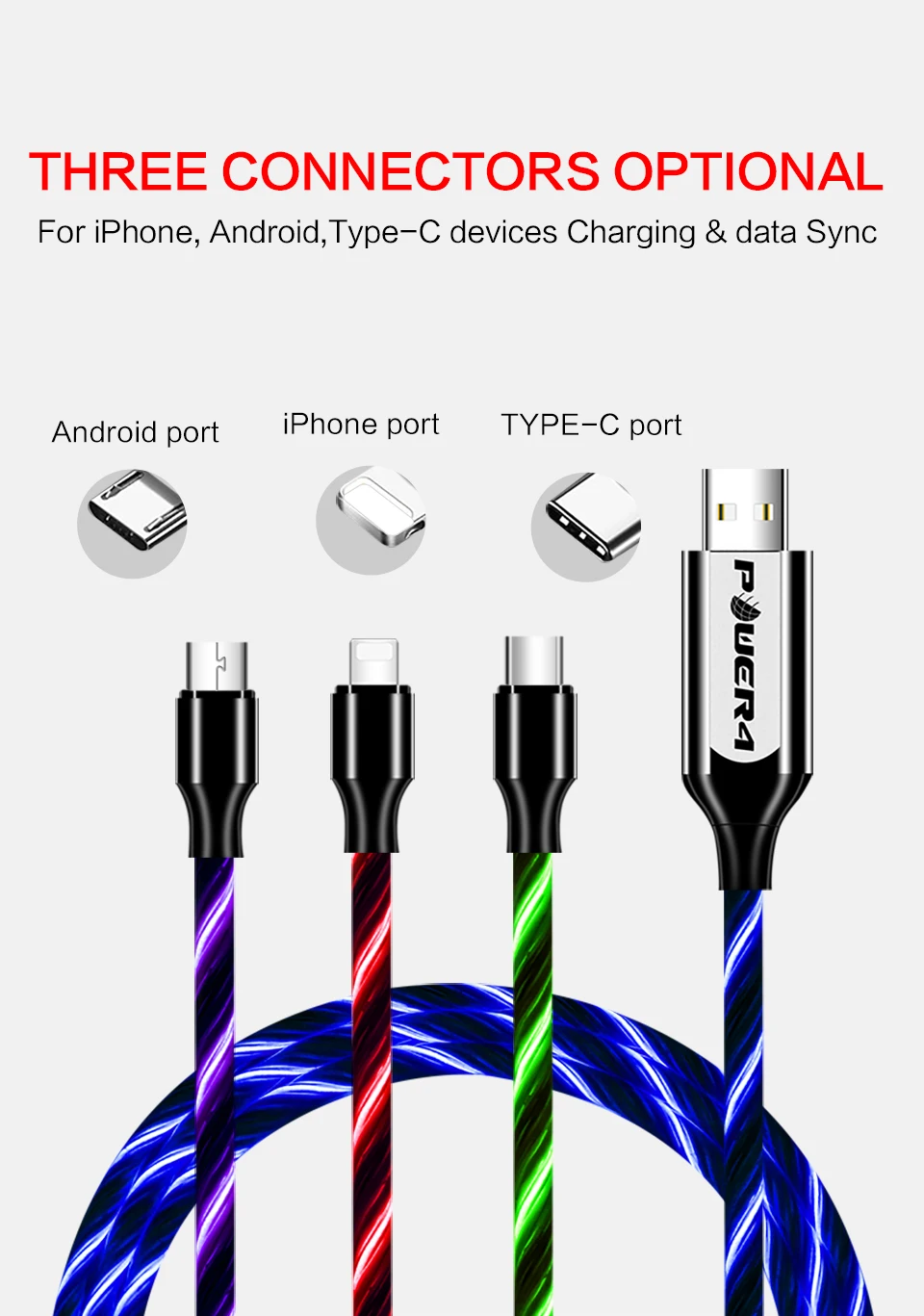 Power4 Прохладный светящийся USB C Микро зарядный кабель три разъема доступны для Lightning/Apple Android type-C зарядки мобильного телефона