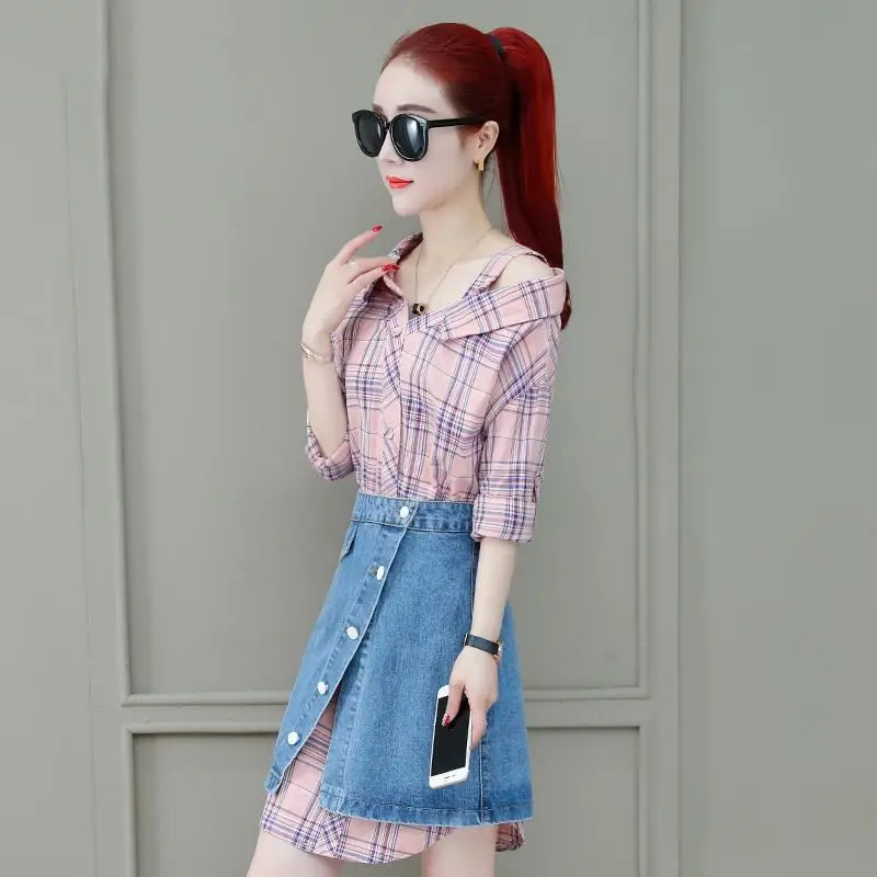 Женский костюм из 2 предметов длинная клетчатая Футболка с воротником-лодочкой и