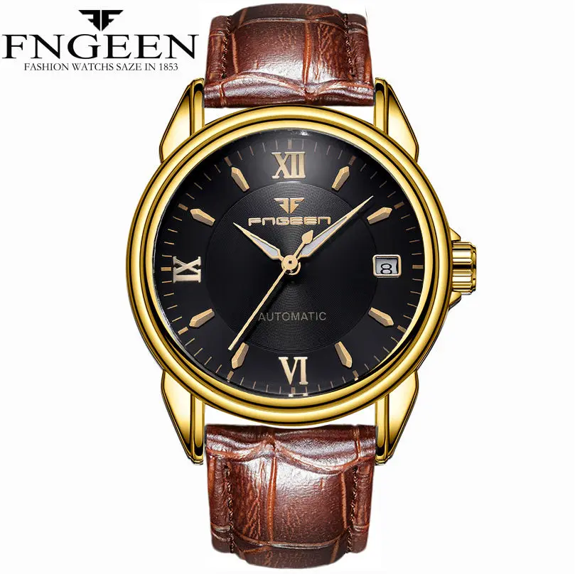 leahter gold black FNGEEN, новая мода, топ, люксовый бренд, часы для мужчин, деловые часы, нержавеющая сталь, часы для мужчин, Автоматическая Дата, Relogio Masculino - Цвет: leahter gold black
