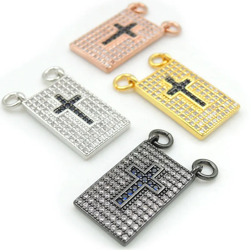 

18*12*2mm Micro Pave Clear&Blue CZ Cross Relievo Rectangle Charm Of Double Circles Fit For Women As Necklaces Accessory