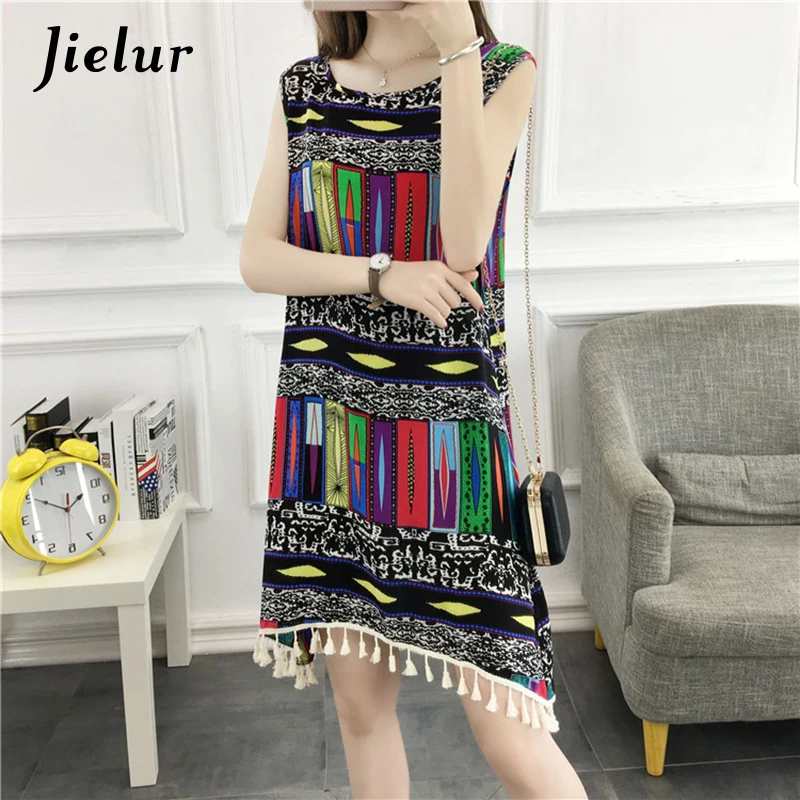 Jielur 2018 модный принт платья без рукавов Летнее женское платье повседневное Boho