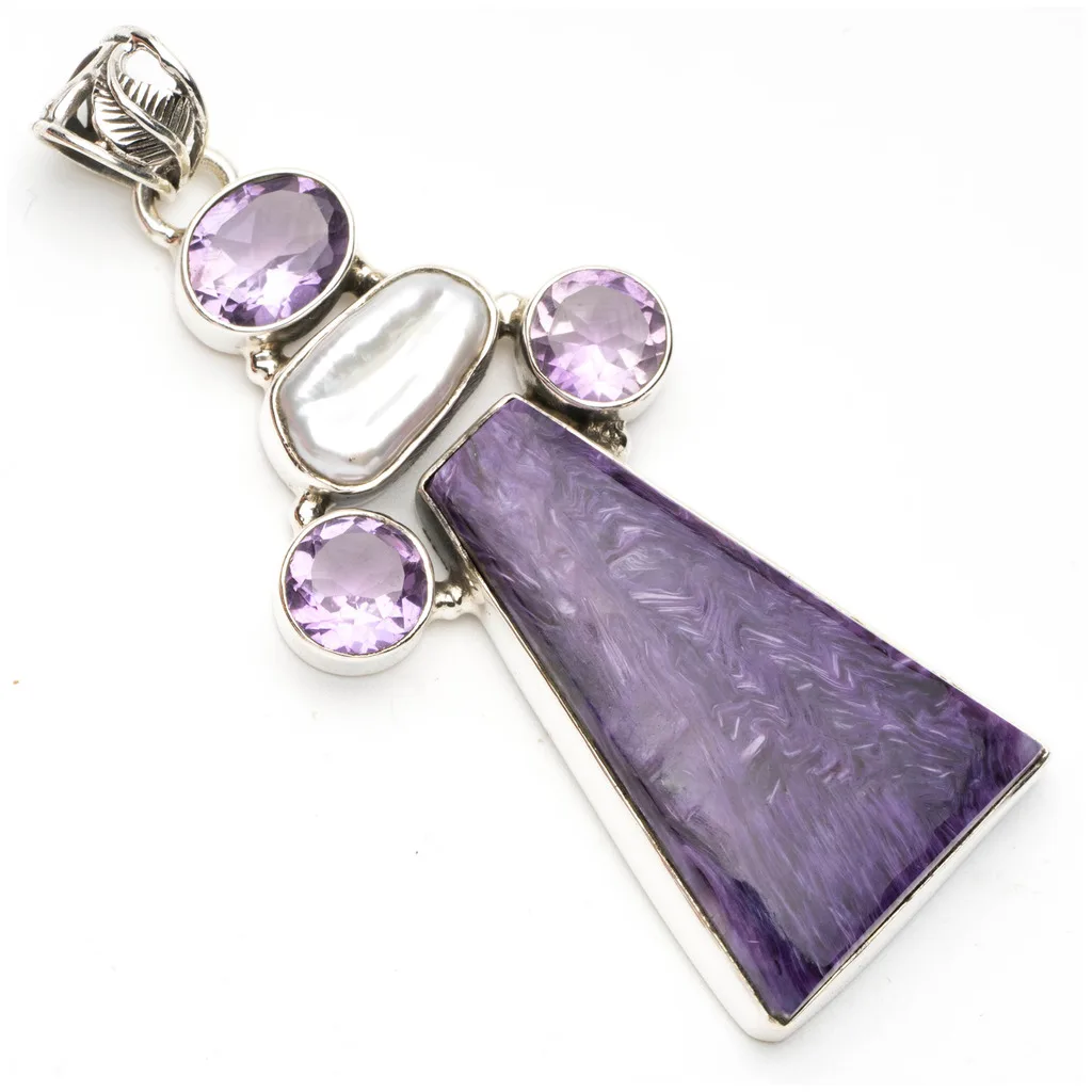 Природный чароит аметист и Бива жемчуг в стиле панк 925 пробы серебряный кулон 2 3/4