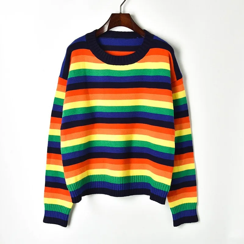 Loose Rainbow Striped Sweater 2018 Autumn Winter Contrast Colors Oversized Sweaters Womens O-neck Knitted Pullovers Top | Женская одежда