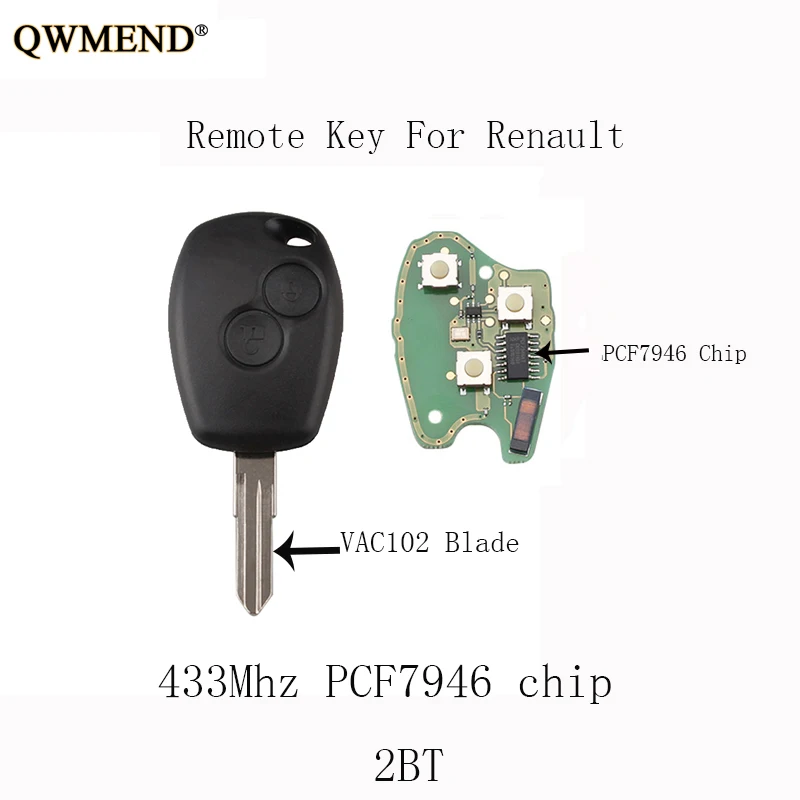 Пульт дистанционного управления QWMEND PCF7946 с 2 кнопками для Renault Megane Modus Clio Kangoo Logan