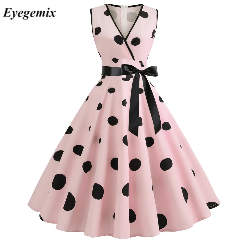 2019 летнее винтажное платье в горошек Сексуальные вечерние платья без рукавов с v
