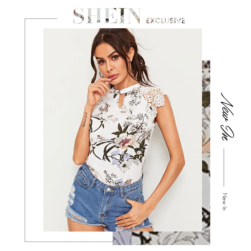 SHEIN модный гипюровый топ с цветочным принтом и кружевными рукавами реглан, Вырез «капля», Летние Элегантные Женские топы и блузки