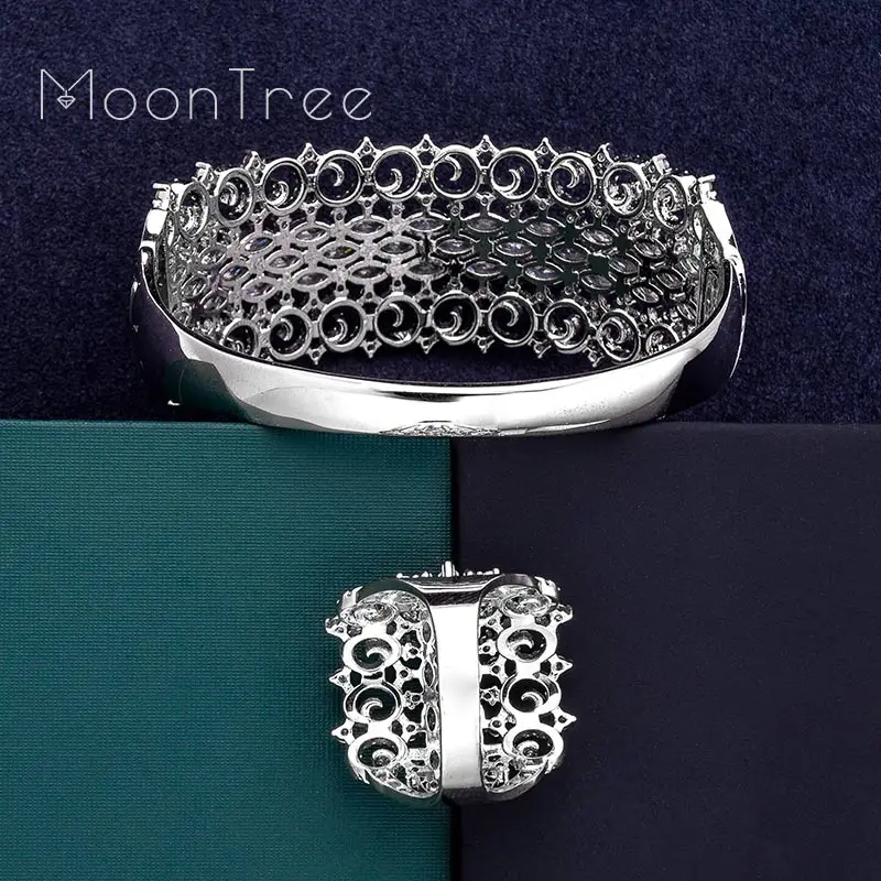MoonTree роскошный большой Нежный 3 тон смешанный кубический цирконий медь геометрические вечерние свадебные Саудовская Арабский Браслет в дубайском стиле набор колец