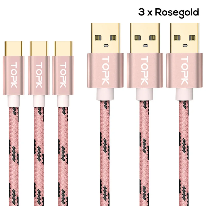 TOPK usb type-C кабель нейлоновая линия и металлический штекер type-C кабель синхронизации данных для samsung Galaxy S9 S8 Plus USB-C кабели - Цвет: RoseGold