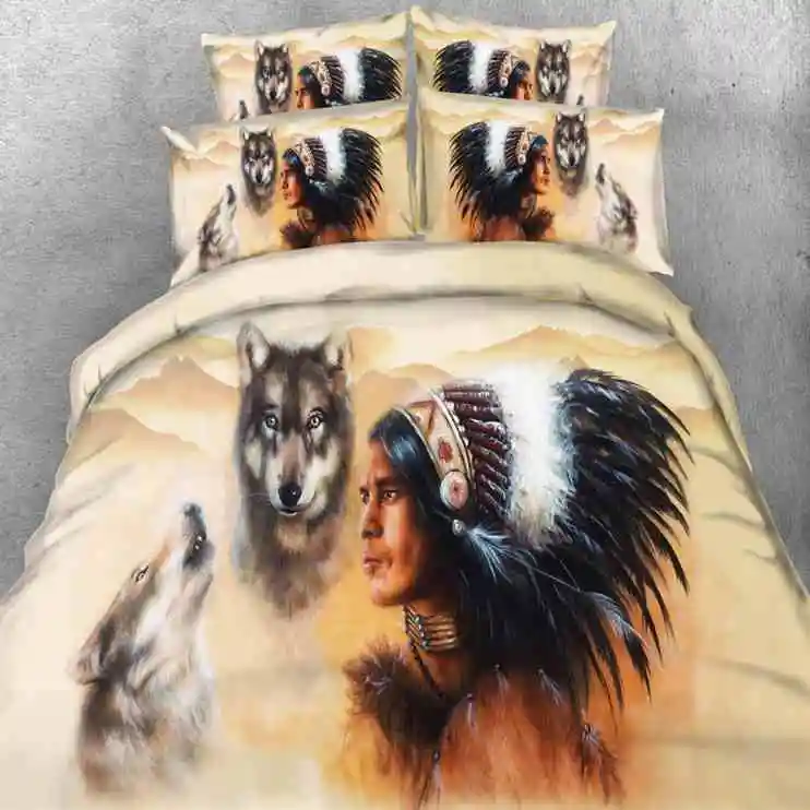 

Free shipping 4pcs 3d Indian wolf/town/skull/boat duvet cover set no comforter twin/full/queen/king/super king size home textile