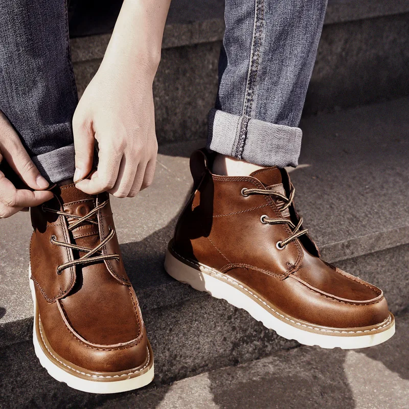 Ботинки мужские однотонные с круглым носком повседневные мотоциклетные