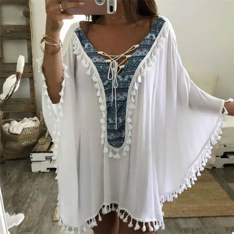 Enthnic пляжное платье с кисточками большие размеры блузки Boho v образный вырез